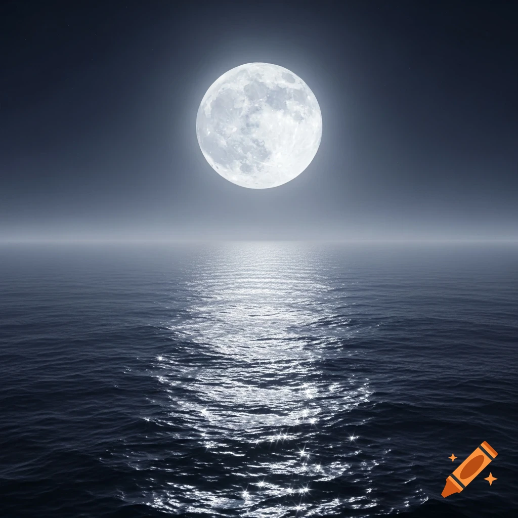 A luminous full moon hangs over a calm, dark ocean, its light reflecting brightly on the water's surface.