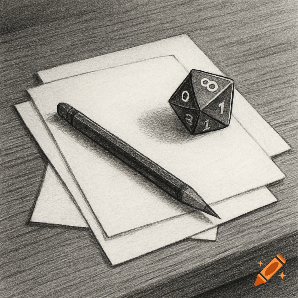 A detailed black and white pencil drawing of a pencil, several sheets of paper, and a D10 die on a wooden table.