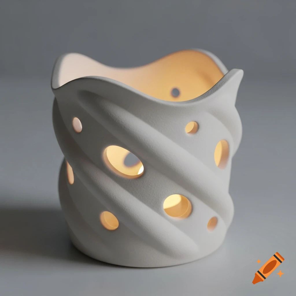 White twisted ceramic candle holder with round and oval holes, glowing with warm light.