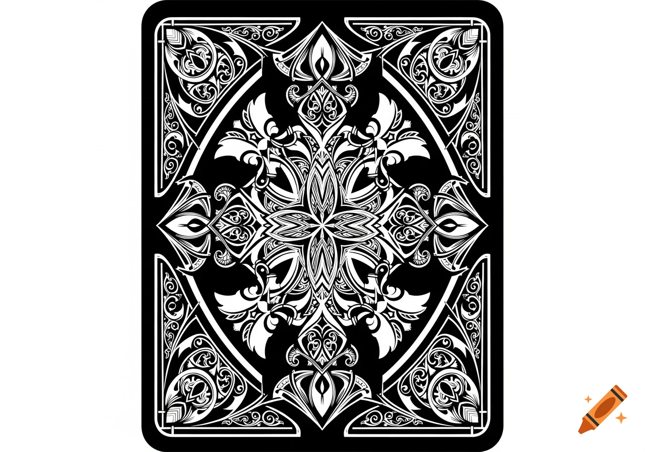 A black playing card back with an intricate, symmetrical white ornamental design in a rectangular frame.