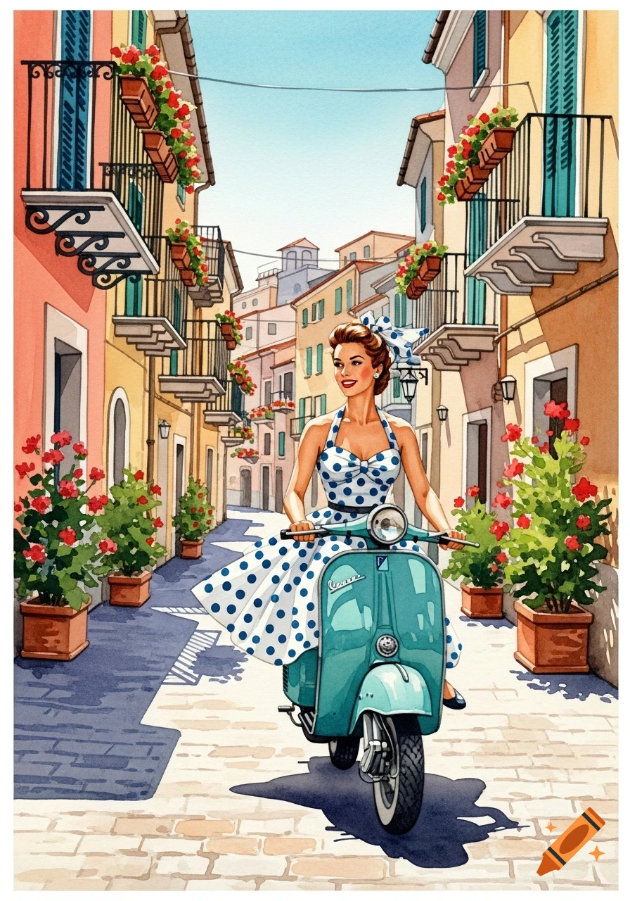 A woman in a polka dot dress rides a teal scooter down a narrow, sunlit street lined with colorful buildings and potted plants, in a watercolor illustration style.