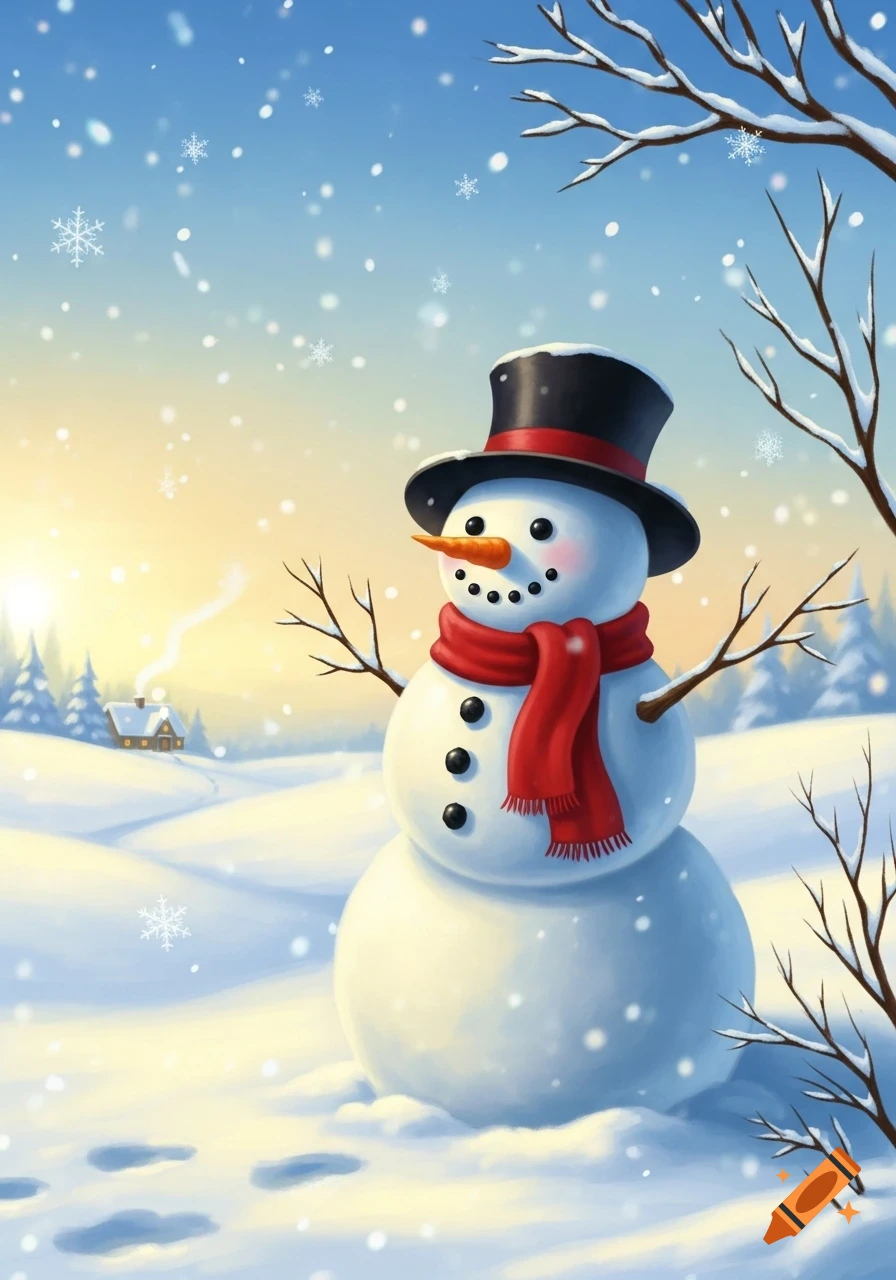 A cheerful snowman with a top hat and red scarf in a snowy winter landscape with falling snowflakes and distant trees.