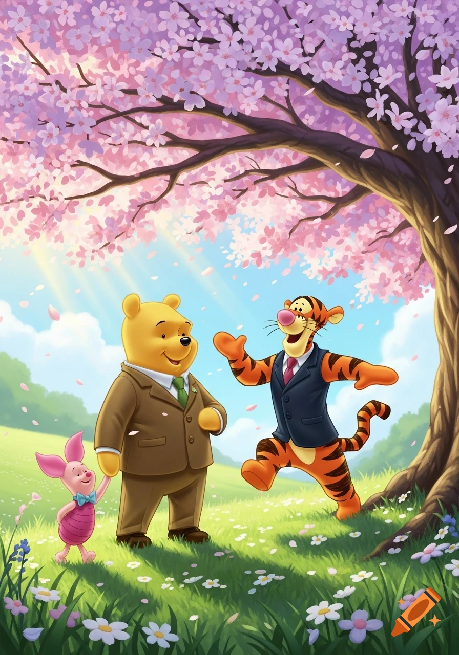 Winnie the Pooh, Tigger, and Piglet in suits stand in a vibrant meadow under a pink cherry blossom tree, cartoon illustration.