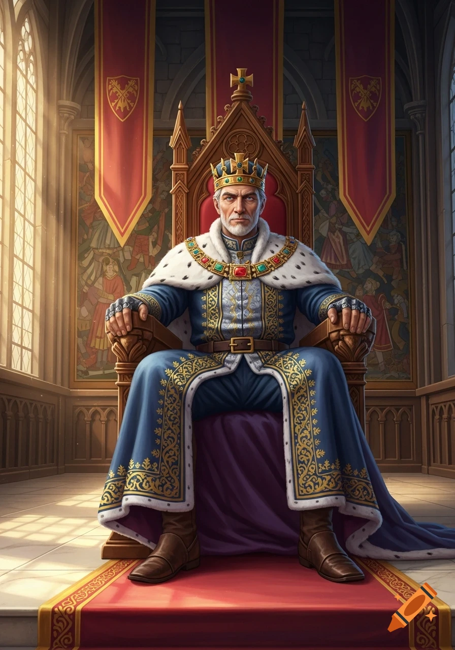 A regal king in a blue and gold robe, jeweled crown, and fur-trimmed cloak sits on a golden throne in a grand hall.
