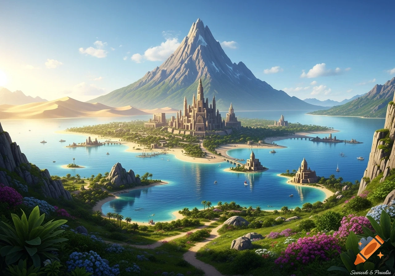 A vibrant fantasy landscape with a grand castle city on an island ...