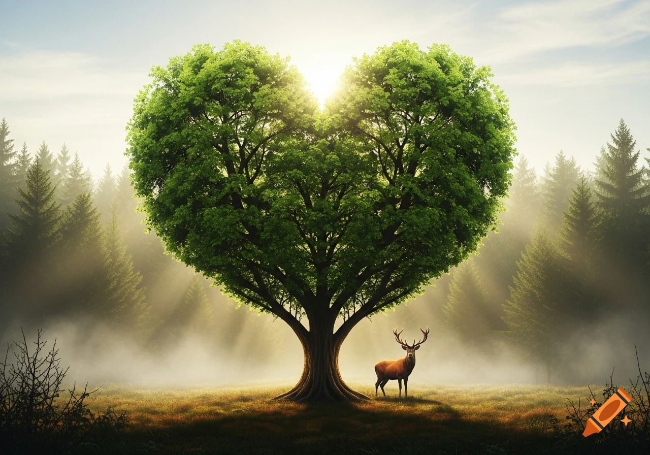 A majestic green tree with a heart-shaped canopy stands in a misty, sunlit forest clearing with a deer looking towards the viewer.