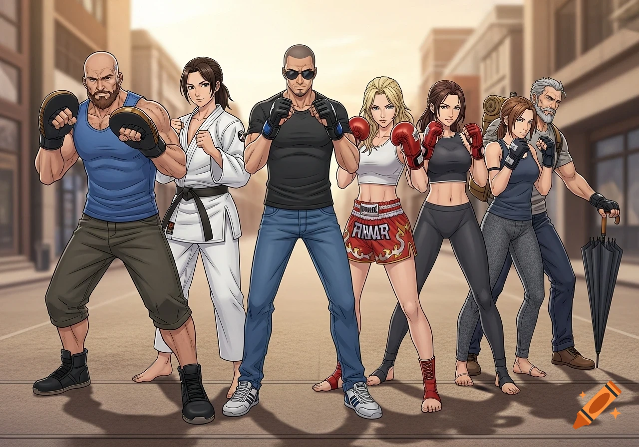 Six anime-style male and female fighters in combat gear pose ready for action on a city street.