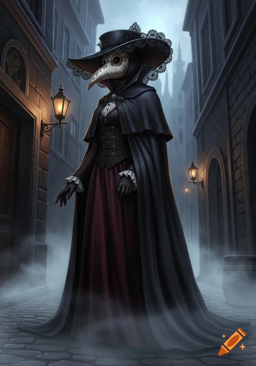 A plague doctor woman in a black cloak and hat with lace stands in a misty, dark Victorian alley illuminated by lanterns.