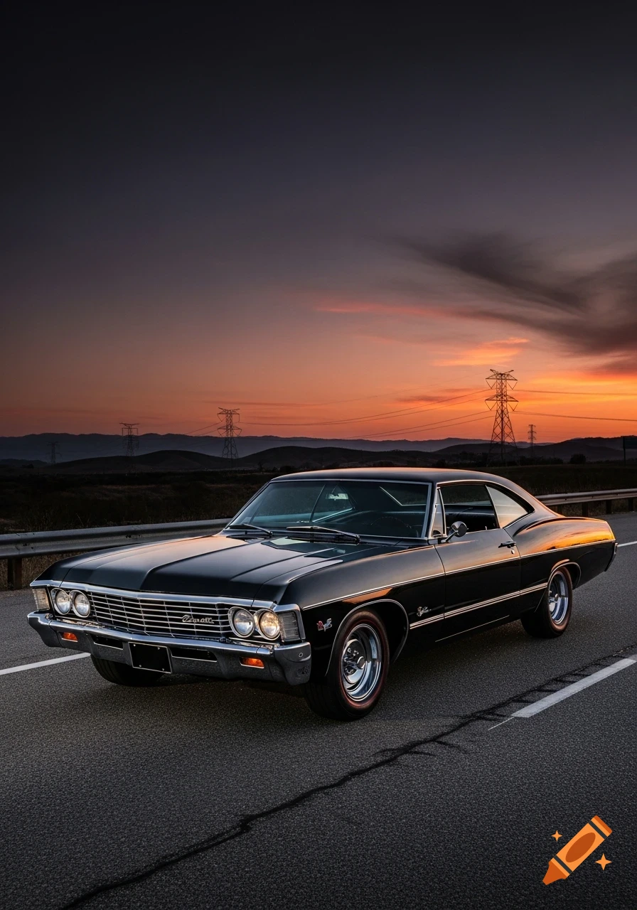 A black 1967 Chevrolet Impala hardtop parked on a road at sunset, with power lines and mountains in the background.