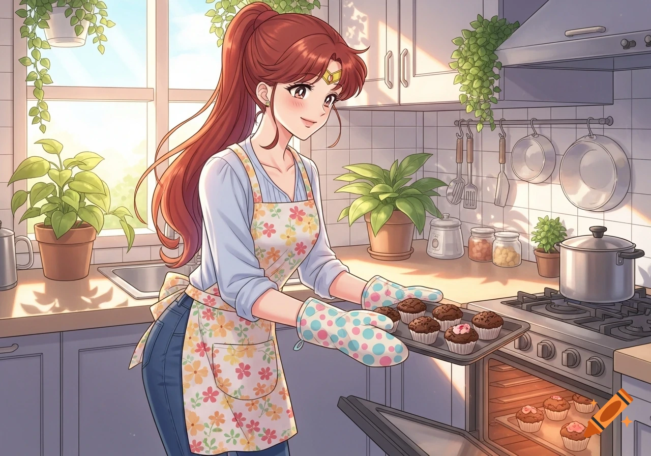 Anime woman with reddish-brown hair, wearing a floral apron and oven mitts, taking chocolate cupcakes out of an oven in a sunny kitchen.