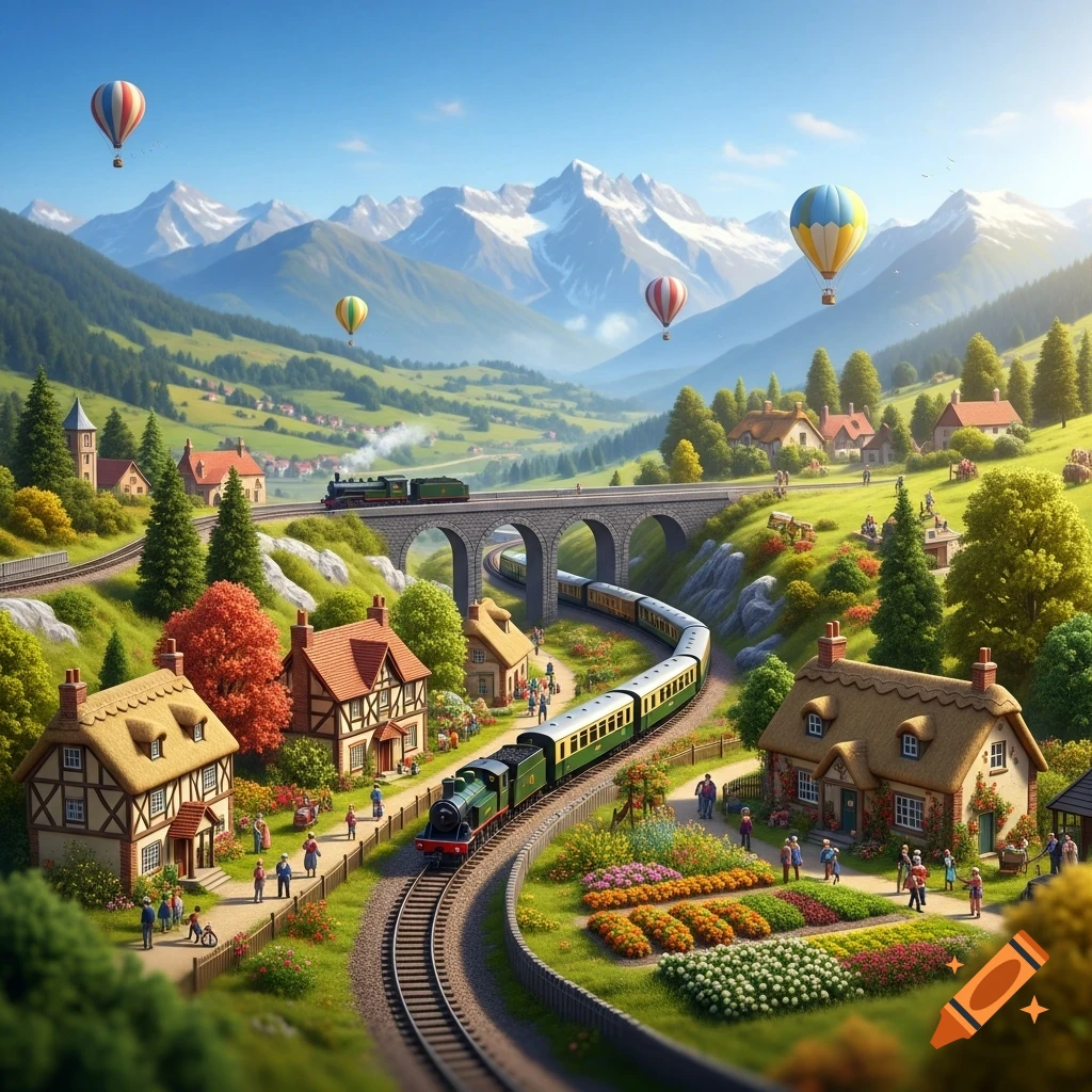 Vibrant miniature village with a green train on tracks, houses, hot air balloons, and a stone bridge against snow-capped mountains.