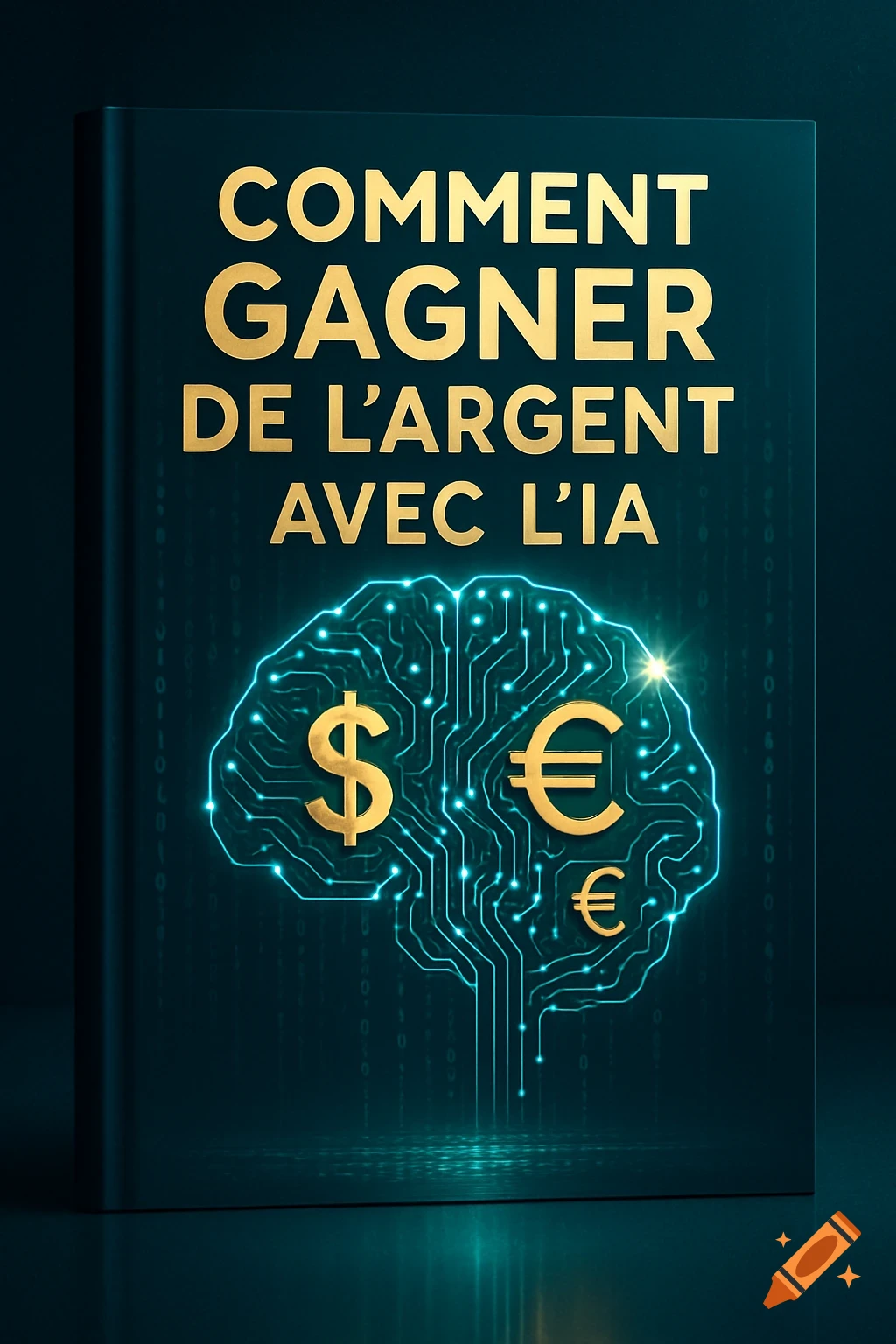 An ebook cover titled 'COMMENT GAGNER DE L'ARGENT AVEC L'IA' (How to make money with AI), featuring a glowing circuit board brain with dollar and euro symbols.