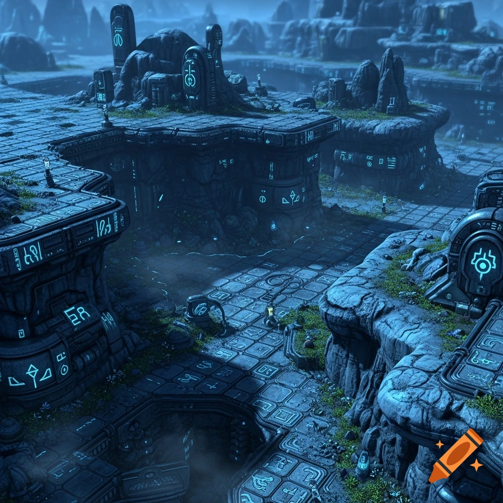 A dark, alien landscape with ancient-looking stone structures featuring glowing blue symbols and green moss, under a muted sky.