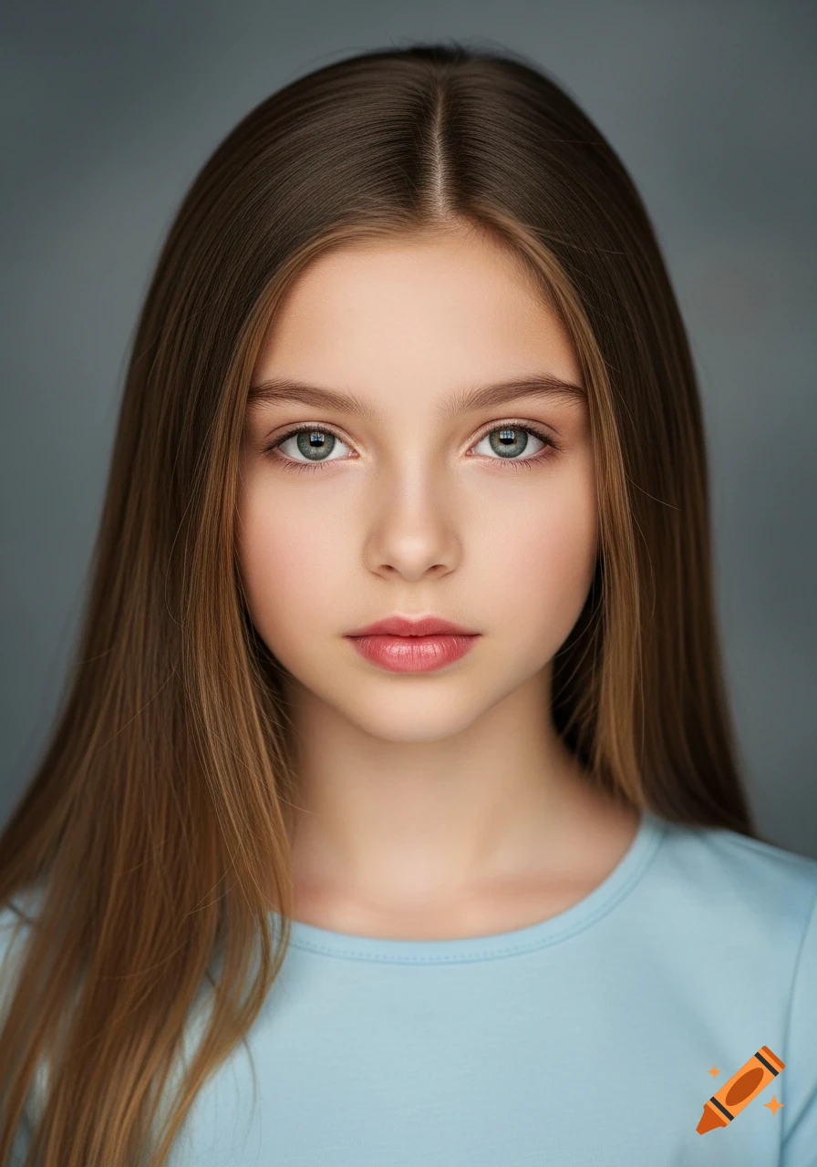 Photorealistic portrait of a young girl with long brown hair, green eyes, and pink lips, wearing a light blue shirt against a gray background.