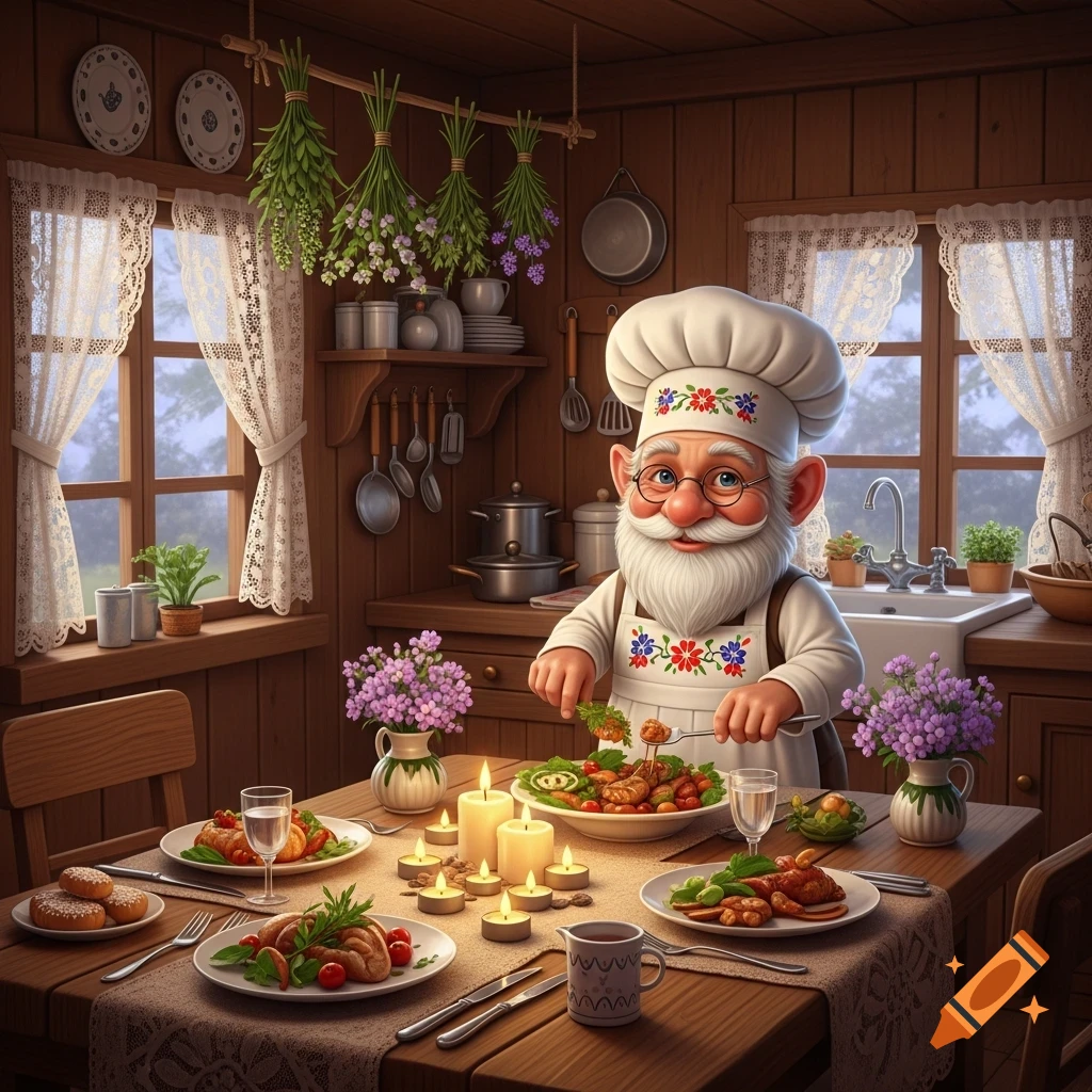 A whimsical gnome chef arranges a fancy dinner on a cozy, candlelit rustic kitchen table.
