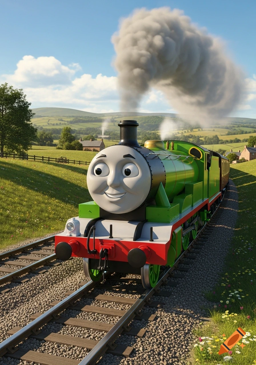 Henry the Green Engine, a smiling green cartoon train, chugs along railway tracks in a vibrant, sunny countryside with green hills and houses.