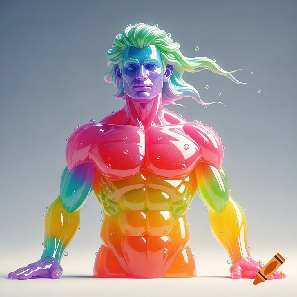 Stylized bust of a muscular man made of translucent rainbow jello with bubbles.