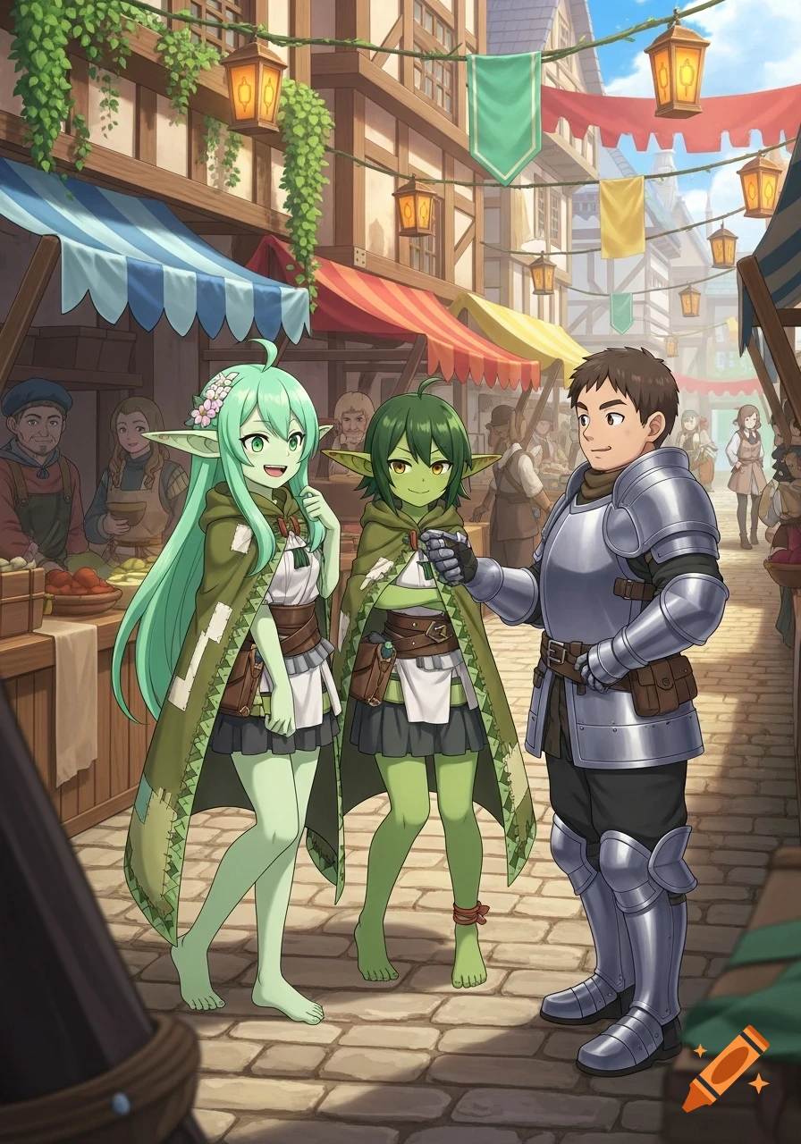 Two green-skinned goblin women talk to a human guard in a bustling anime-style medieval market.