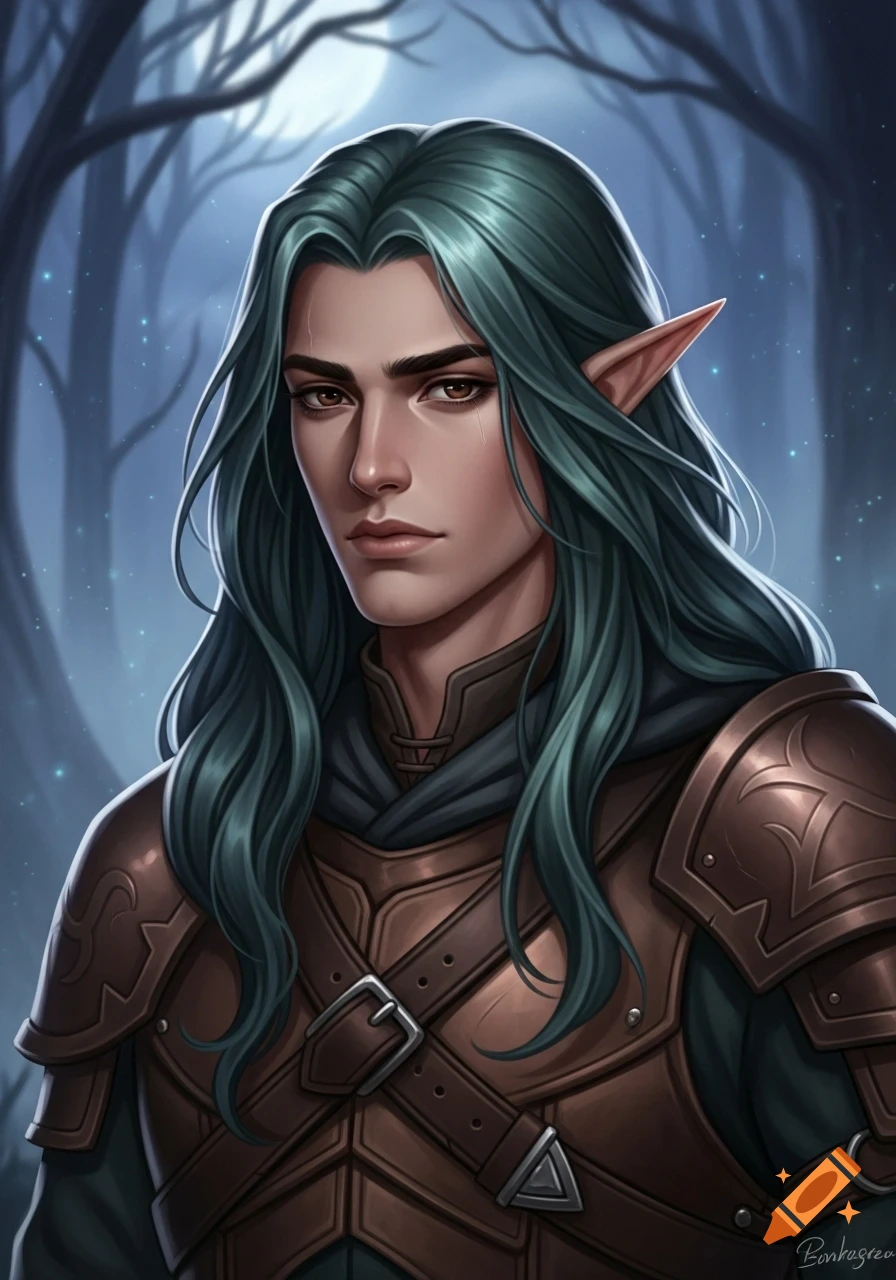 Digital portrait of a moody eladrin ranger with long sea-green hair and brown eyes, wearing brown leather armor in a dark, moonlit forest.