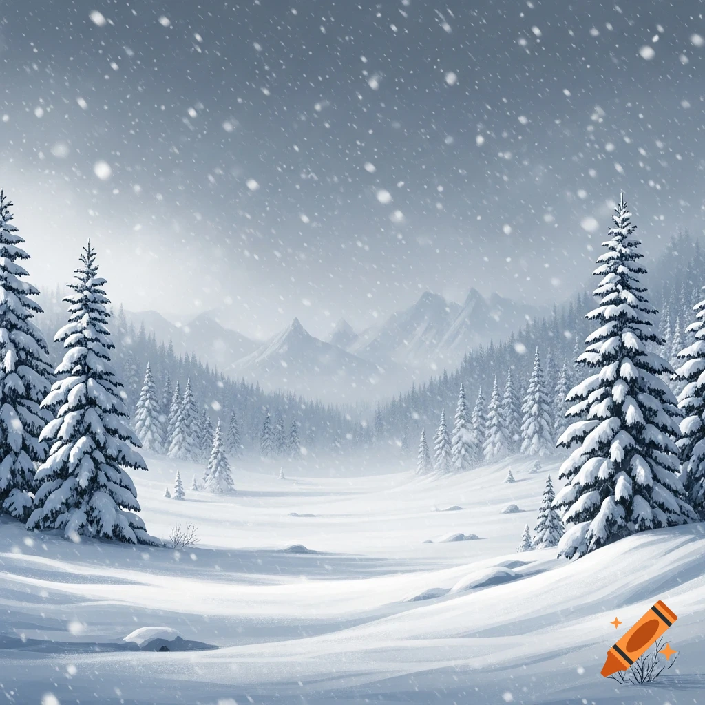 A snow-covered valley with pine trees and distant mountains, experiencing a heavy snowfall.