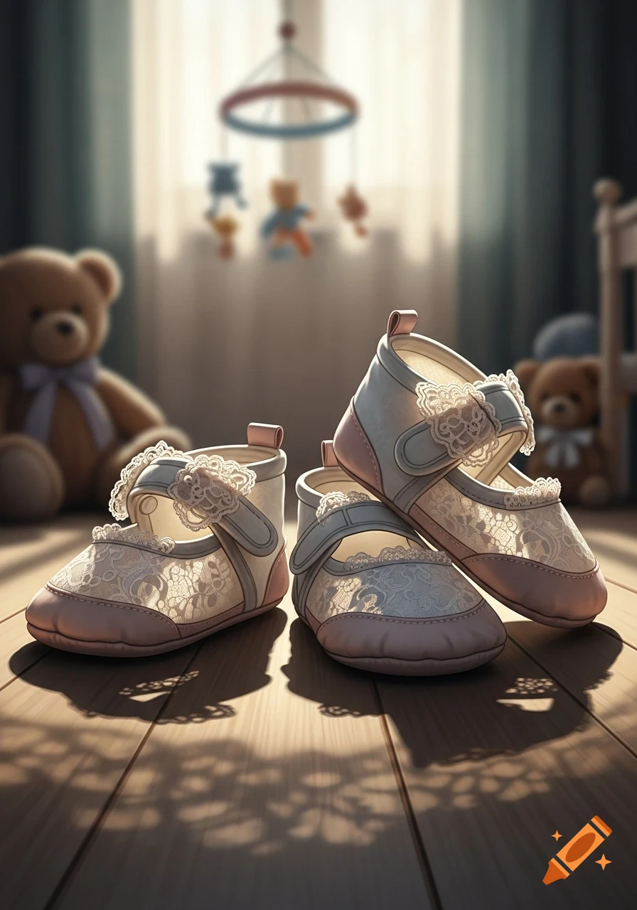 Two pairs of delicate pink and white lace baby shoes on a wooden floor, bathed in soft light within a blurred nursery background featuring teddy bears and a mobile.