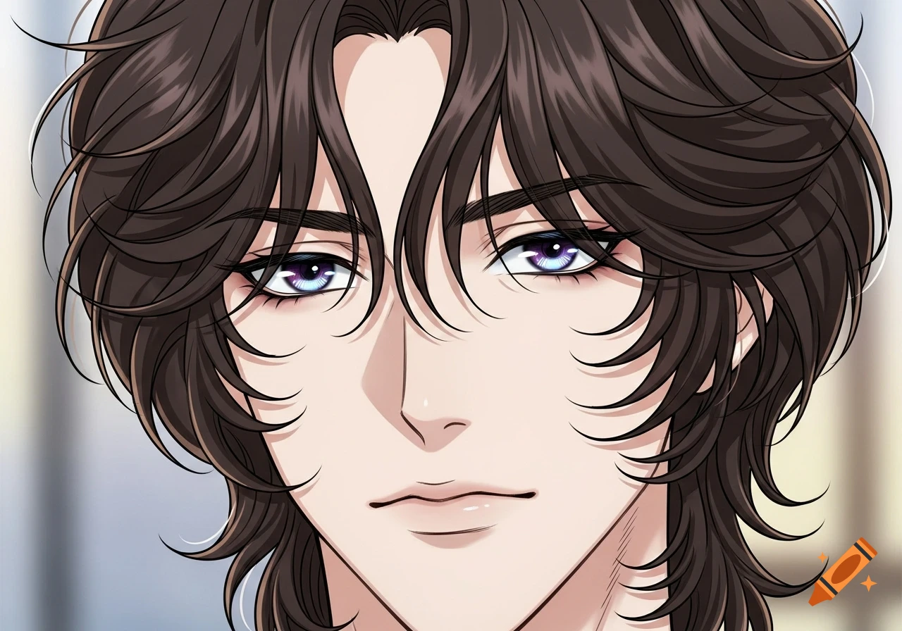 A close-up of a young anime-style male with dark brown wavy hair and striking purple eyes with blue highlights.