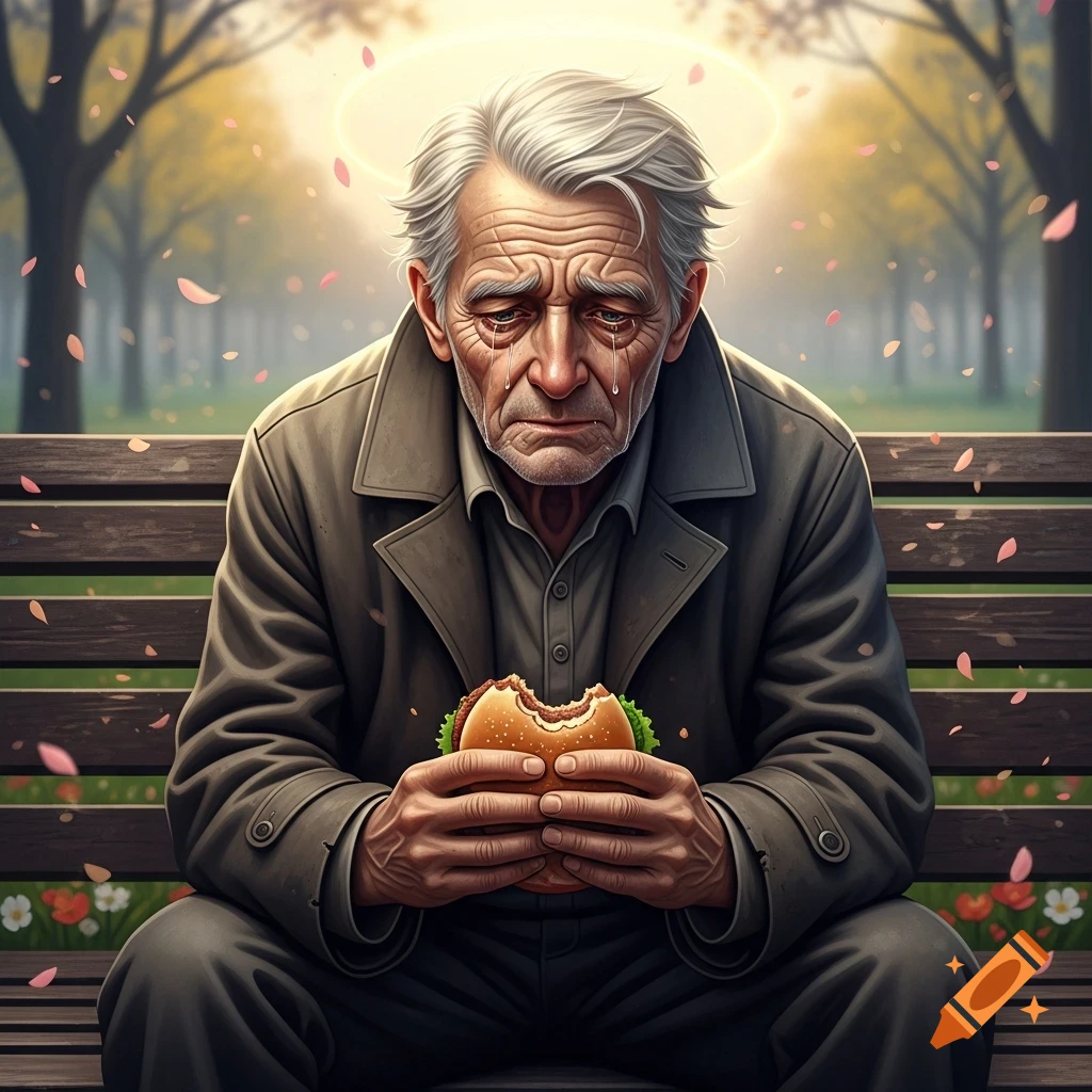 An old man with gray hair cries while holding a half-eaten burger, sitting on a park bench with falling petals.