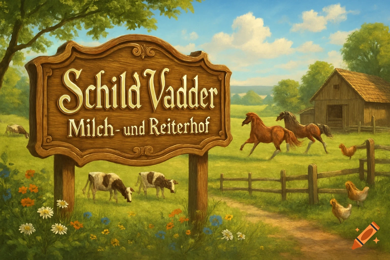 Painting of a charming farm scene with a wooden sign, horses, cows, and chickens grazing in lush green fields.