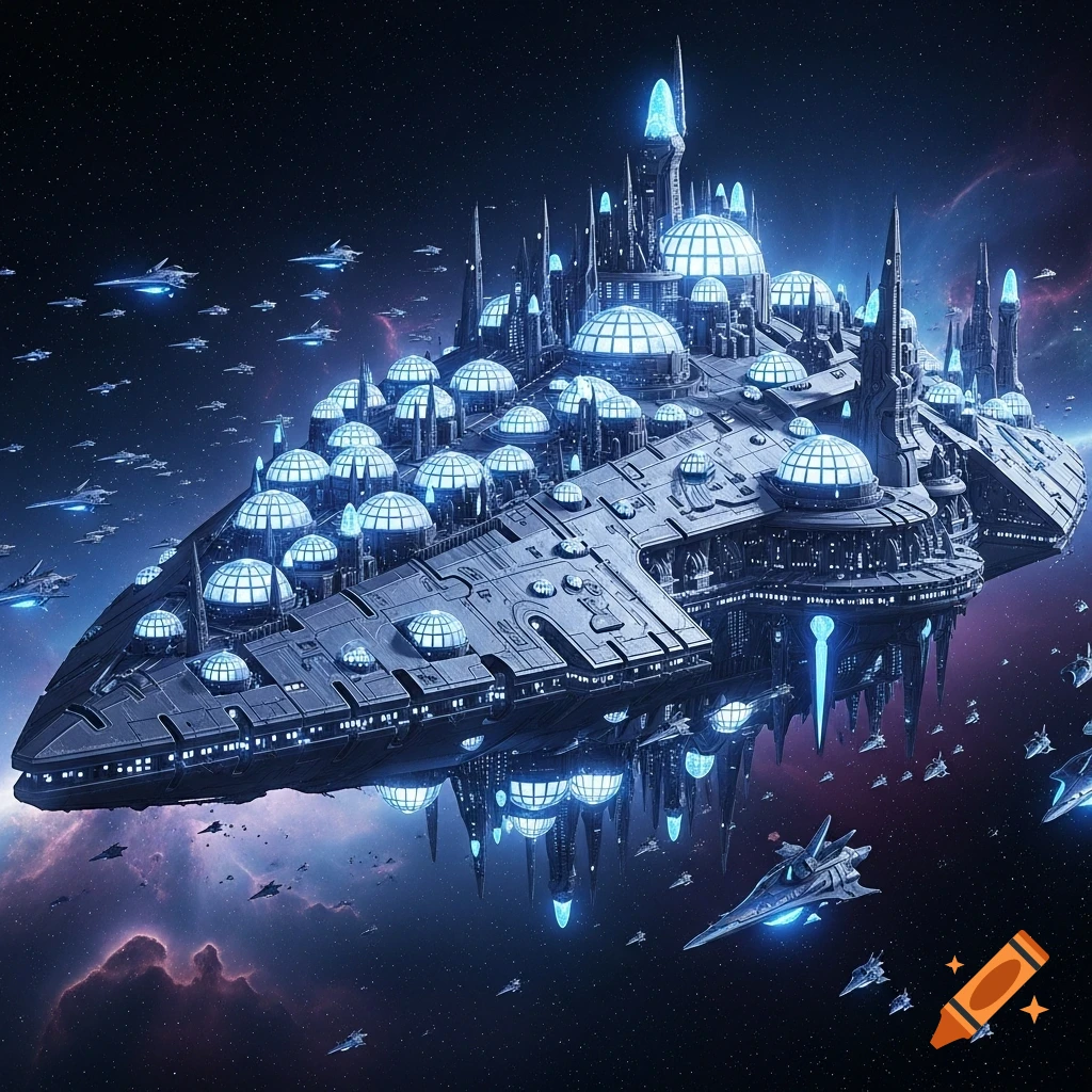A massive, glowing Aeldari craftworld spaceship with domes and spires floats in deep space, surrounded by a vast fleet.