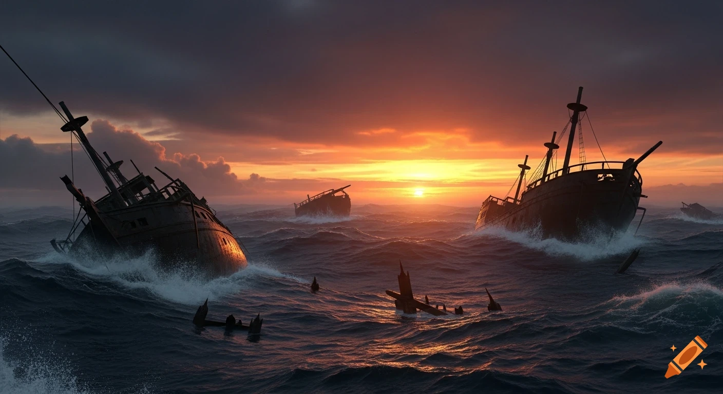 Dark, moody seascape with several sunken shipwrecks in stormy waves under a dramatic orange and crimson sunset.