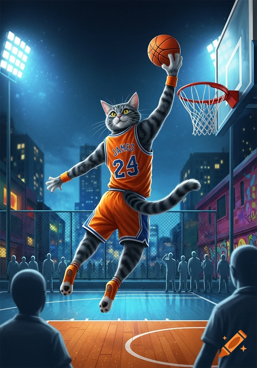 A cartoonish gray striped cat wearing an orange 'JAMES 24' basketball jersey dunks a basketball on a night court with spectators.