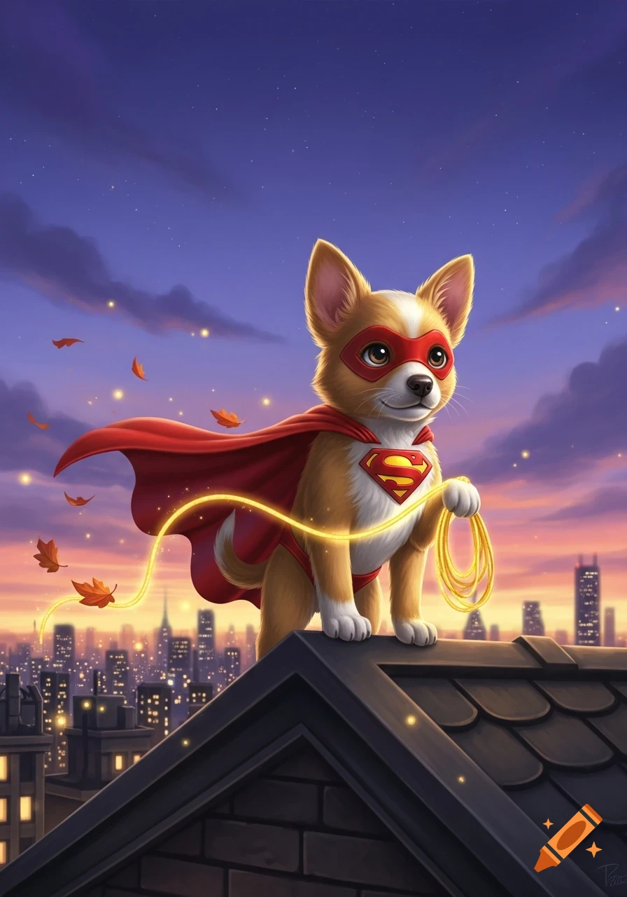 A cute corgi puppy dressed as Superman, with a red mask, cape, and 'S' shield, holds a glowing lasso on a rooftop at sunset.