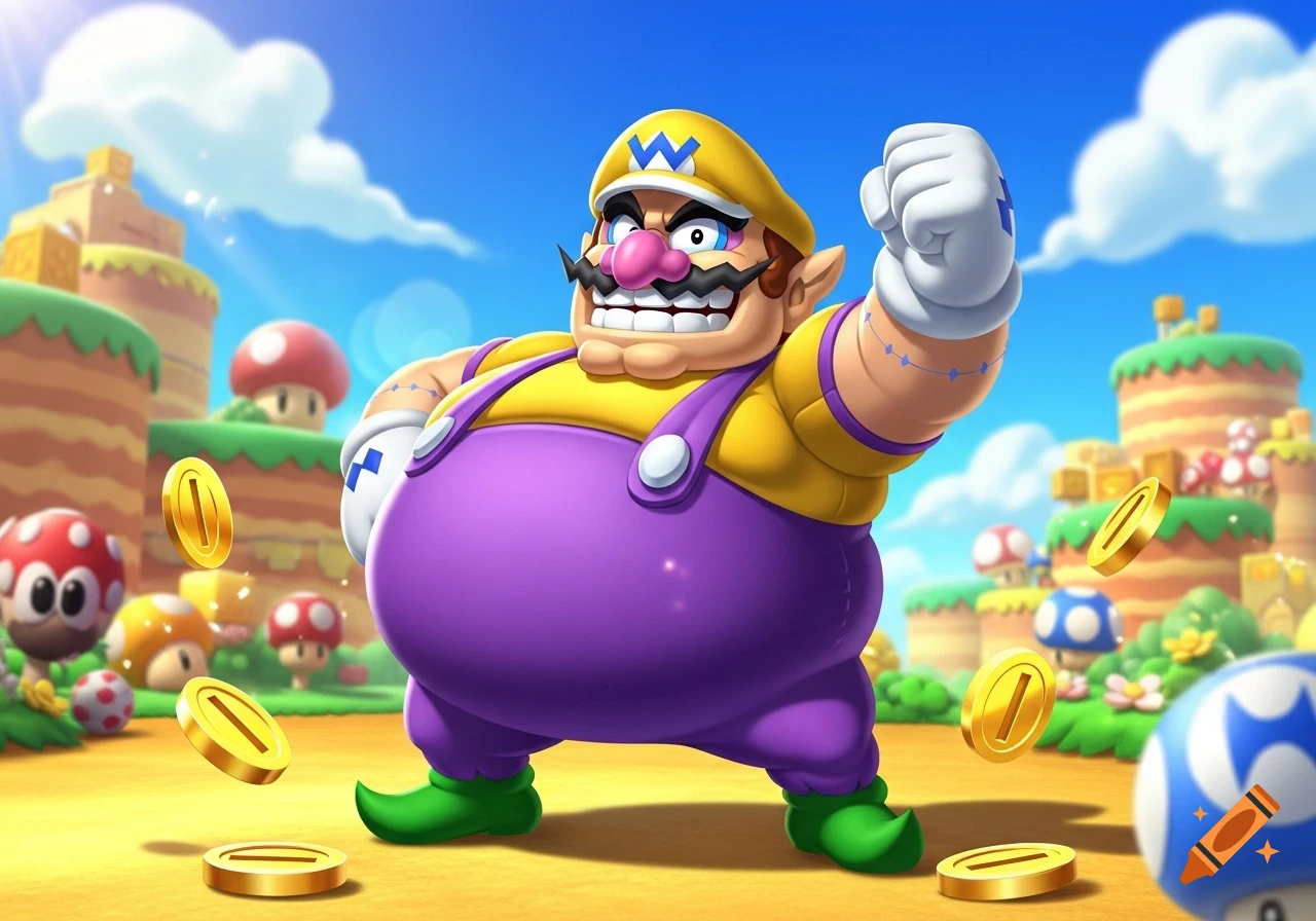 Wario flexing in a vibrant Super Mario Bros. cartoon landscape with floating coins.