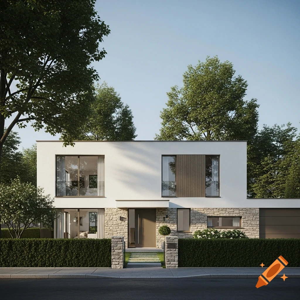 Photorealistic modern flat-roof house with white and stone facade, green hedges, and trees under a clear sky.