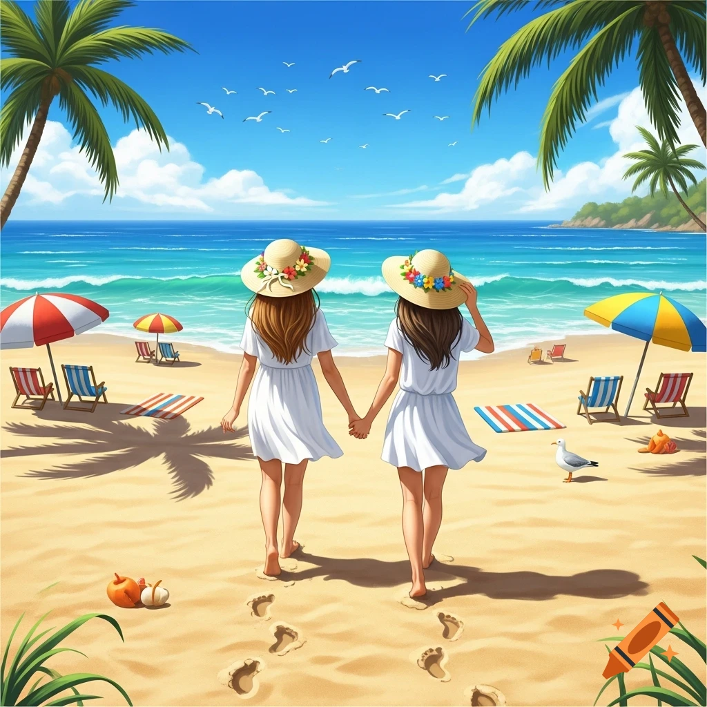 Two women in white dresses and sun hats walk hand-in-hand on a sunny tropical beach towards the ocean, leaving footprints. Illustration style.