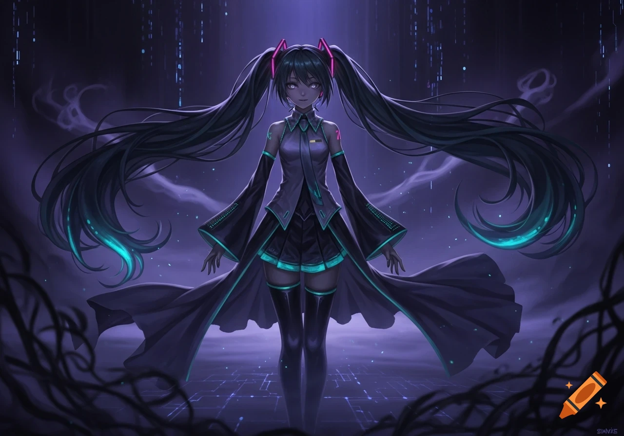 Hatsune Miku with dark twin-tails and a glowing black and teal outfit stands in a dark digital realm.