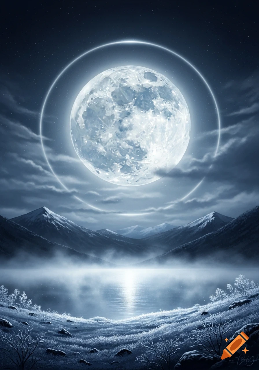 Mystical full moon with glowing rings over snowy mountains, a misty lake reflecting moonlight, and frosty grass in the foreground at night.