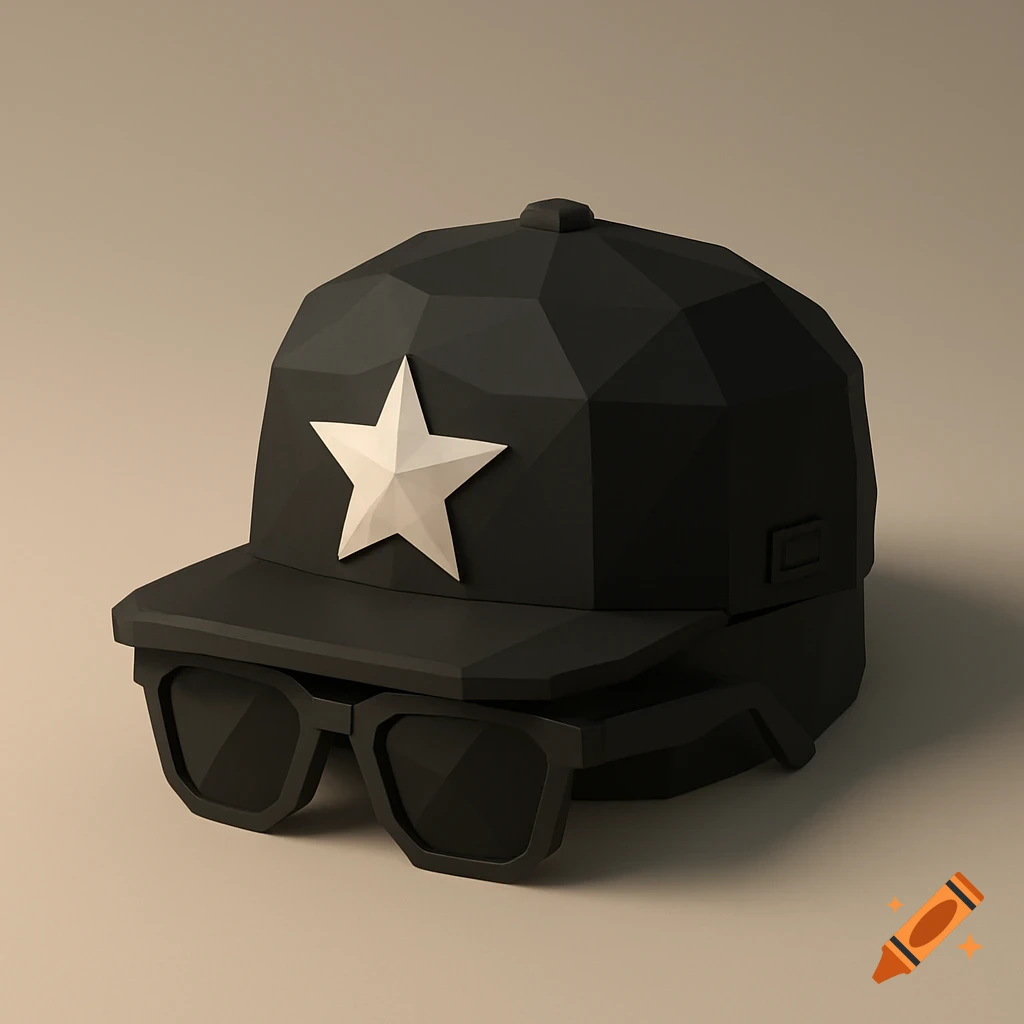 A matte black low-poly baseball cap with a white star on the front, resting on black low-poly sunglasses.