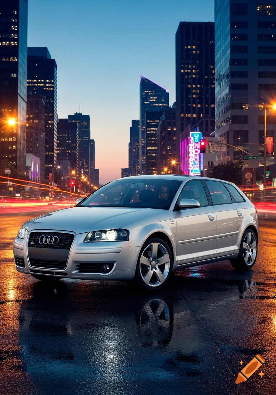 A silver Audi A3 parked on a wet street at dusk, reflecting city lights. Tall buildings and light trails from traffic line the background.