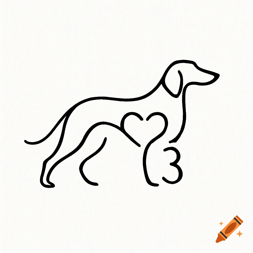 Minimalist black line art of a dachshund-like dog, with a subtle heart shape and the letters C and 3 formed by its body lines.