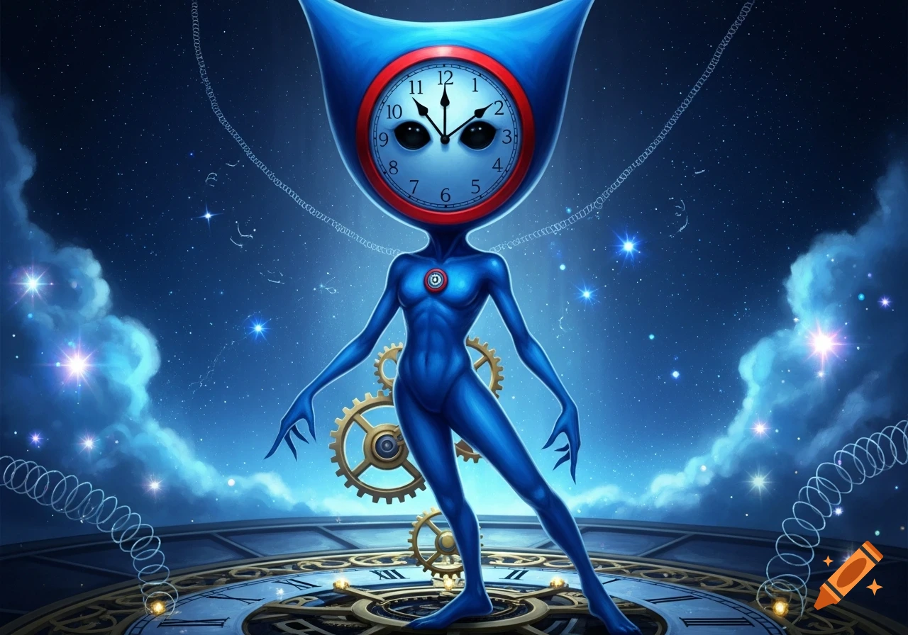 A blue humanoid creature with a clock for a head, red rim, and black eyes stands on a large clock mechanism in a starry, cosmic sky.