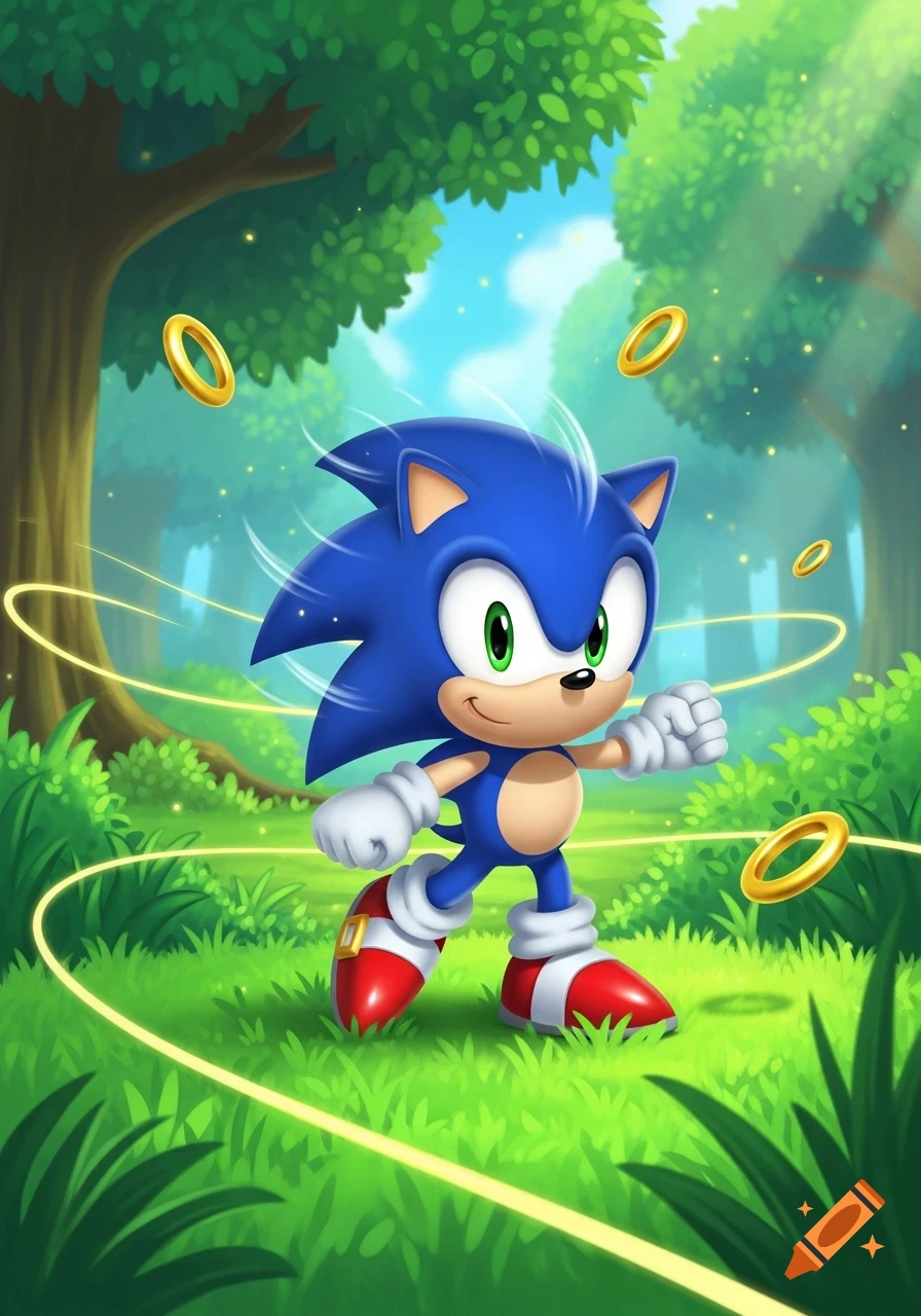 Sonic the Hedgehog runs through a vibrant green forest with glowing golden rings and light trails.