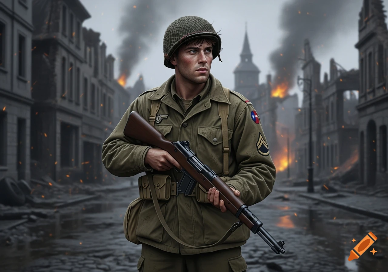 A young soldier in a WWII uniform stands with a rifle in a destroyed, burning city street.
