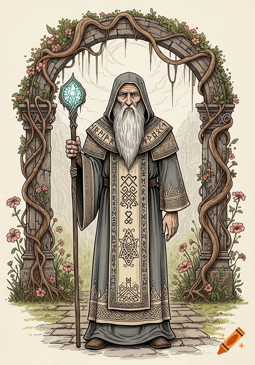 An illustrated old wizard with a long white beard, gray robes, and a glowing staff stands under a floral stone archway.