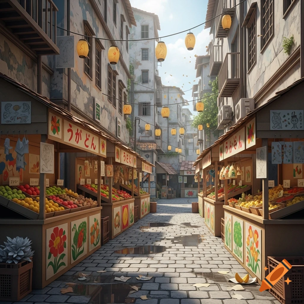 A narrow, cobblestone street market with weathered buildings, lined with fruit stalls and illuminated by hanging yellow lanterns.