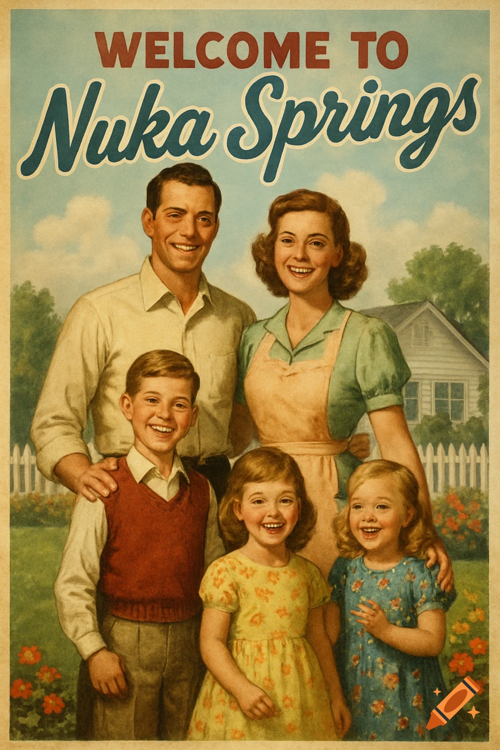A vintage 1950s-style poster depicts a smiling nuclear family of five in front of a suburban home, with text 'WELCOME TO Nuka Springs' at the top.