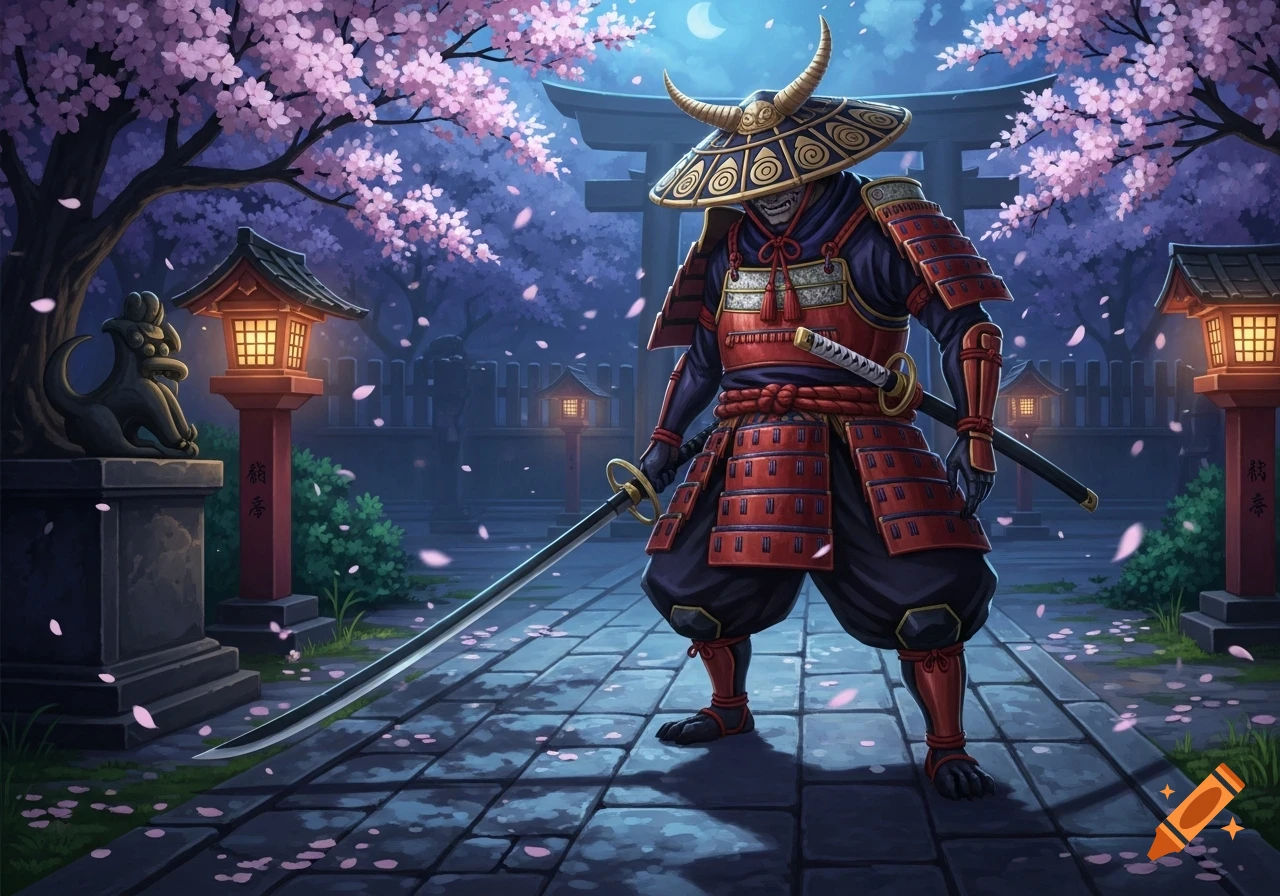 A horned samurai with a skull face in red and blue armor stands with a katana in a moonlit Japanese garden with pink cherry blossoms and lanterns.