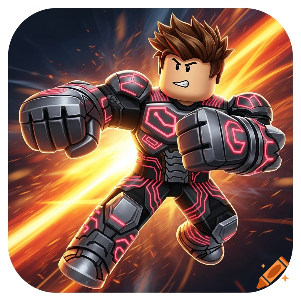 Roblox-style character in glowing red and black armored suit, posed for combat against a fiery, energetic background. Stylized game icon.