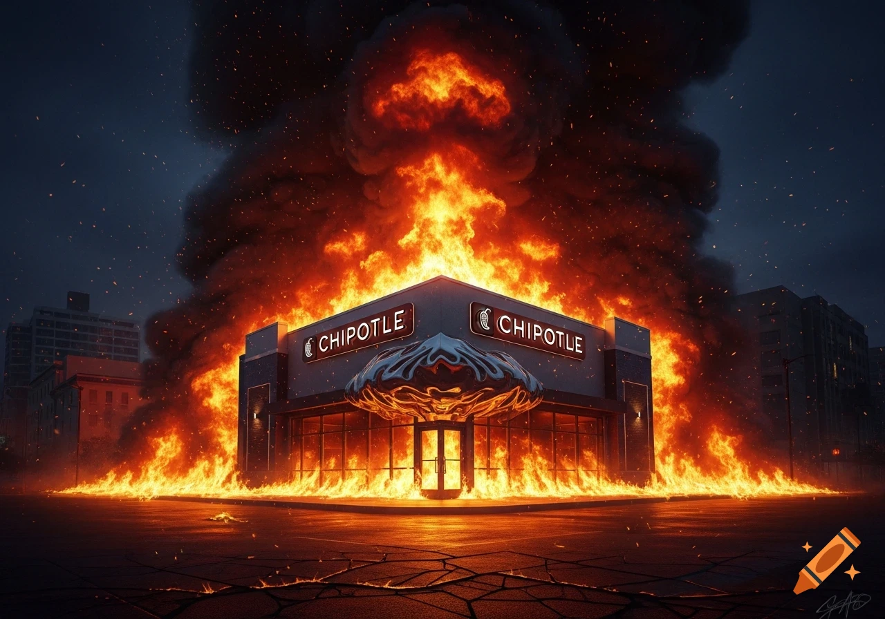 Photorealistic image of a Chipotle restaurant engulfed in massive flames and thick smoke, with fire on the street at night.