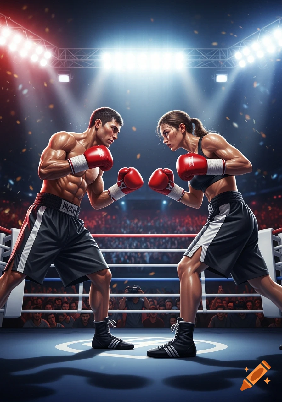 A male and female boxer face off in a ring, wearing red gloves, under bright stadium lights with a blurred crowd in the background.